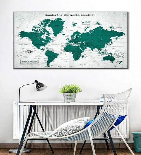 Green Grey World Map Printed Wall Art