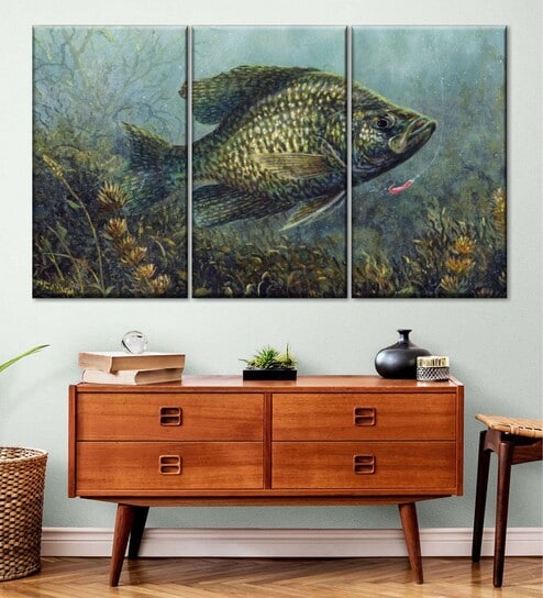 Green Black Crappie Painting Wall Art Panels ( Set Of 3)
