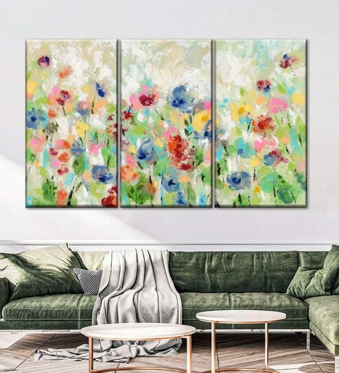 Green Springtime Meadow Flowers Printed Framed Wall Art Panels ( Set Of 3)