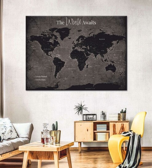 Grey Black World Map Wall Art