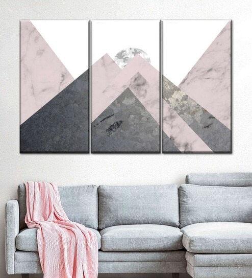 Grey Geometric Textured Landscape Printed Framed Wall Art Panels ( Set Of 3)