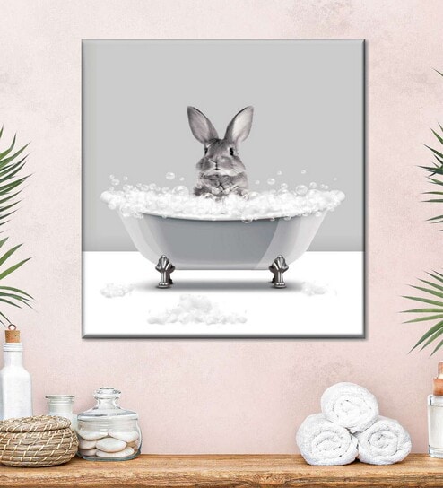 Grey Bathtub Animal Rabbit Painting Wall Art