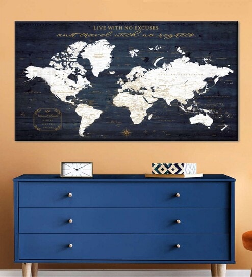 Navy Blue & White World Map Printed Wall Art