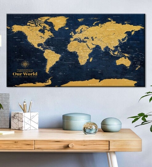 Navy Blue Beige World Map Printed Wall Art
