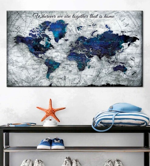 Navy Blue Grey World Map Painting Wall Art