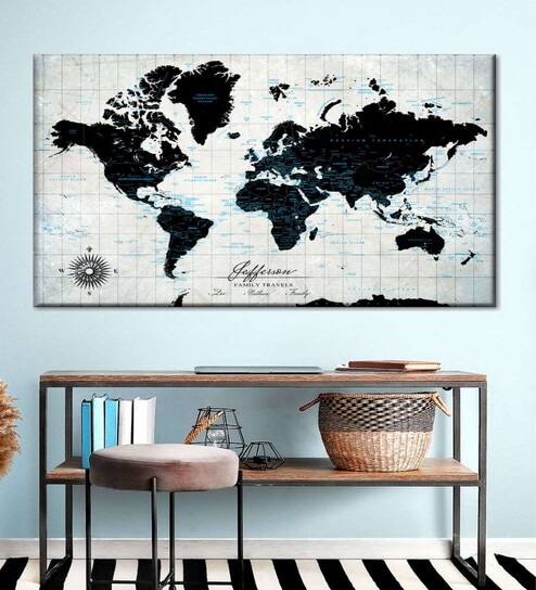 Off White & Black World Map Printed Wall Art