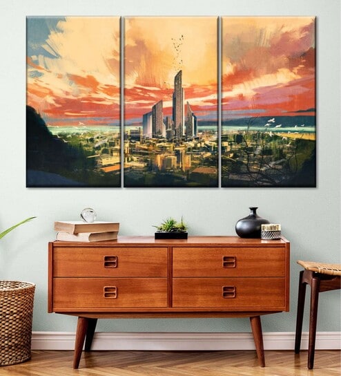 Orange Colored Grey Future City Wall Art Panels ( Set Of 3)