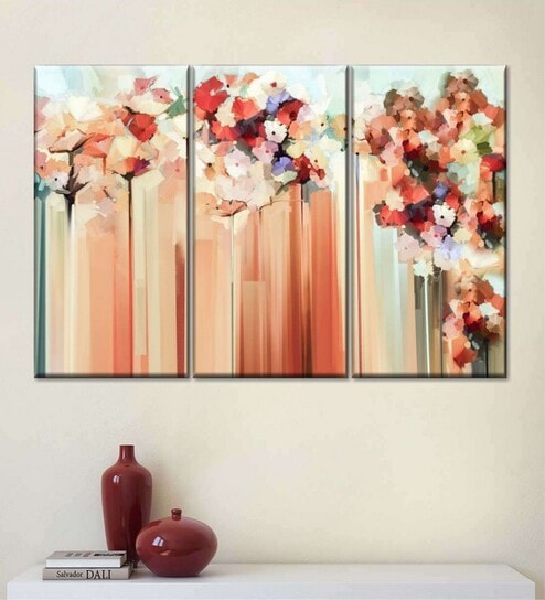 Orange Coloured Floral Abstract Painting Wall Art Panels ( Set Of 3)
