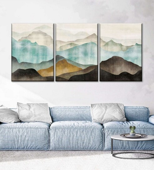 Green Black Abstract Mountain Ranges Printed Framed Wall Art Panels ( Set Of 3)