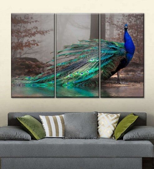 Green Blue Peacock Printed Wall Art Panels ( Set Of 3)