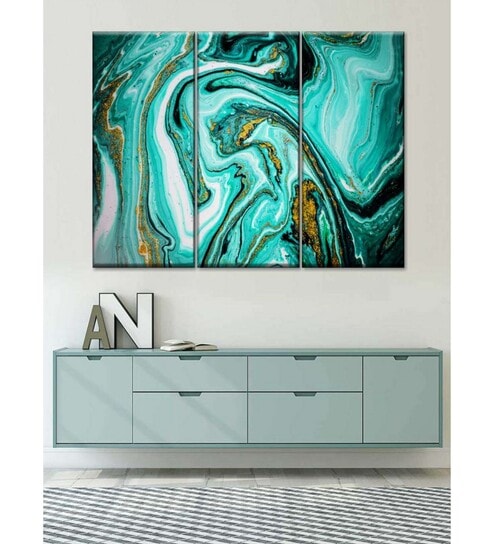 Teal Green Black Marble Abstract Painting Wall Art Panels ( Set Of 3)