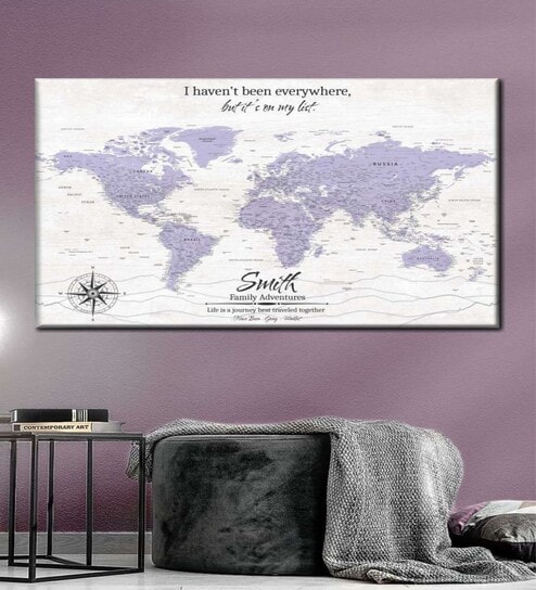 White & Lavender World Map Printed Wall Art