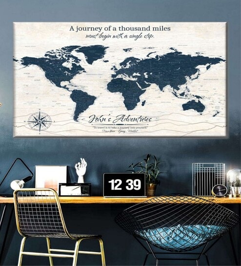 White & Teal Blue World Map Wall Art