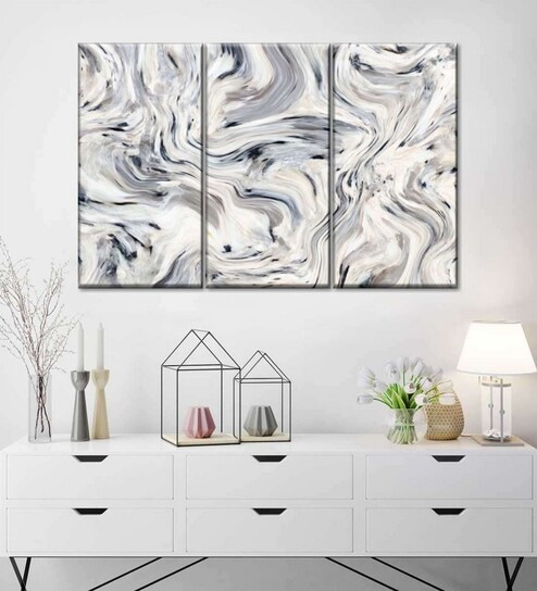 White Black Ripples Abstract Painting Wall Art Panels ( Set Of 3)