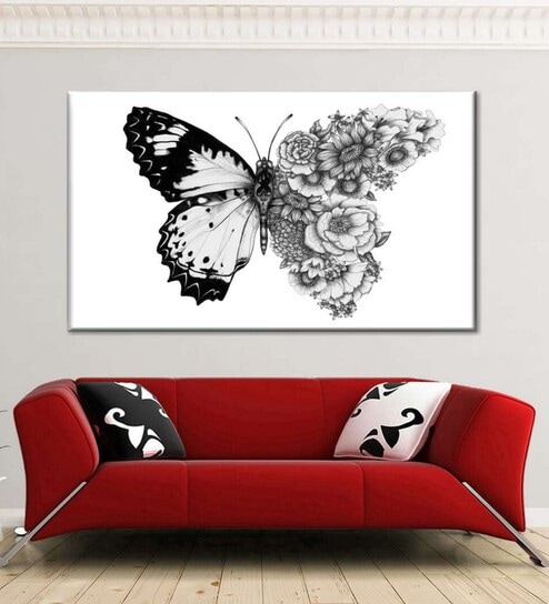 White Black Butterfly In Bloom Framed Wall Painting