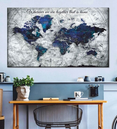 White Blue World Map Printed Canvas Wall Painting