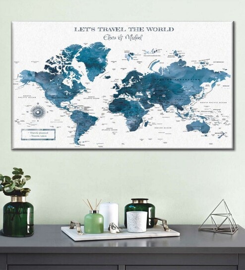 White Blue World Map Printed Framed Wall Art