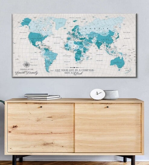 White Blue World Map Printed Wall Art