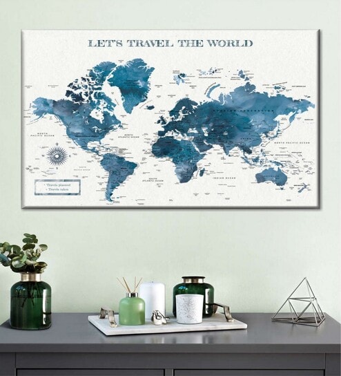 White Blue World Map Wall Art
