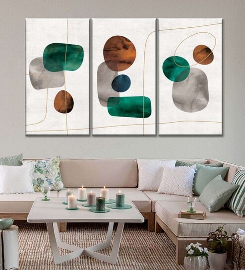 White Green Emerald And Amber Shapes Painting Wall Art Panels ( Set Of 3)