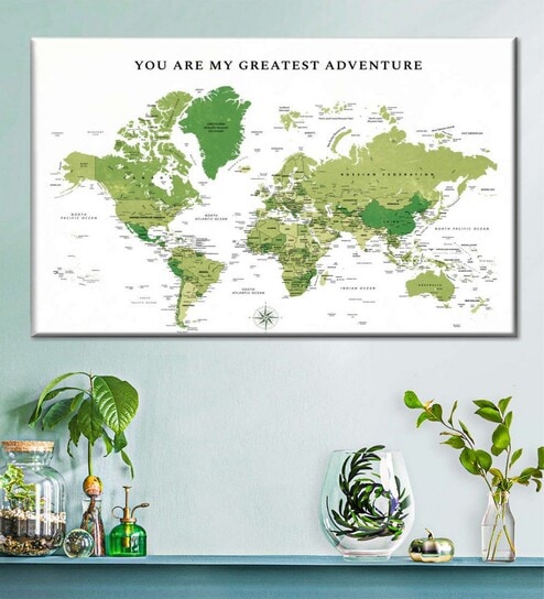 White Green World Map Painting Wall Art
