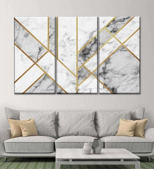 White Grey Marble Texture Geometric Abstract Wall Art Panels ( Set Of 3)