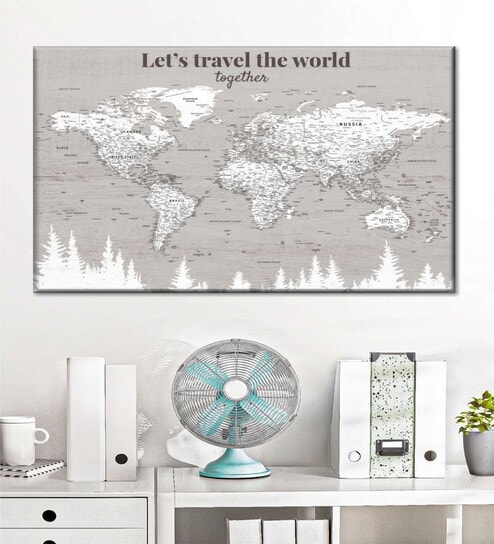 White Grey World Map Printed Framed Wall Art