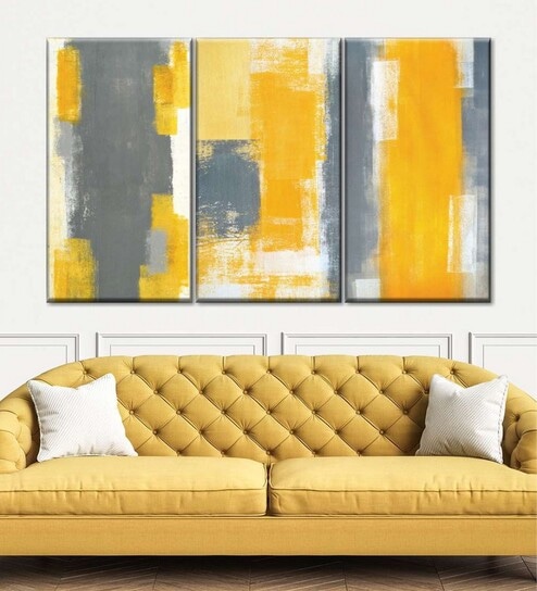 Yellow Grey Abstract Printed Framed Wall Painting ( Set Of 3)