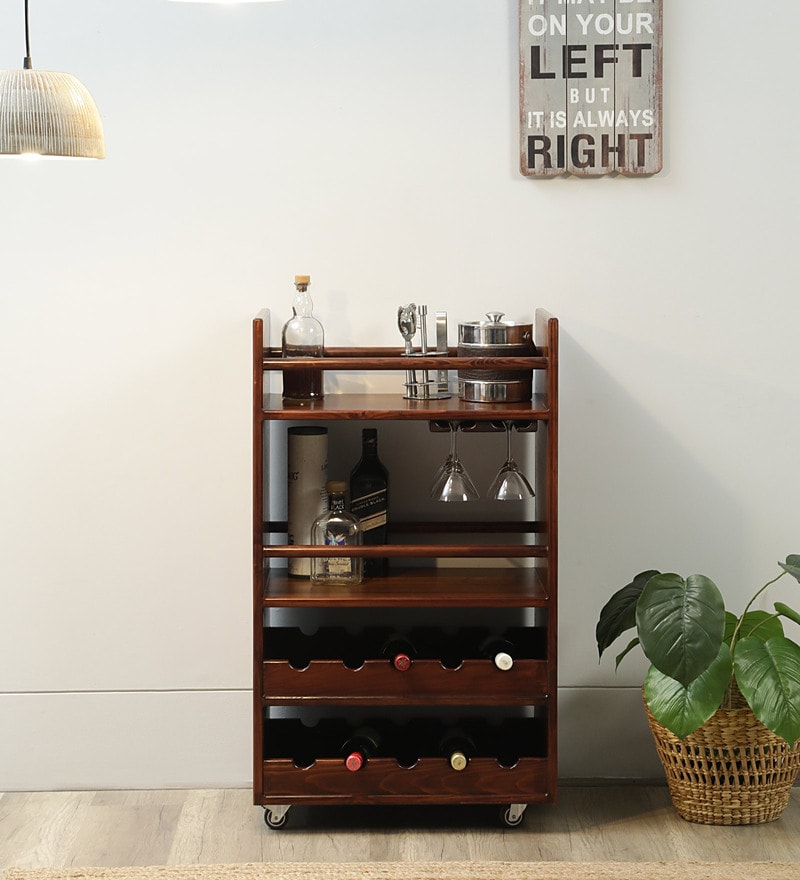 Buy Poise Solid Wood Bar Trolley in Walnut Veneer Finish By Ekbote