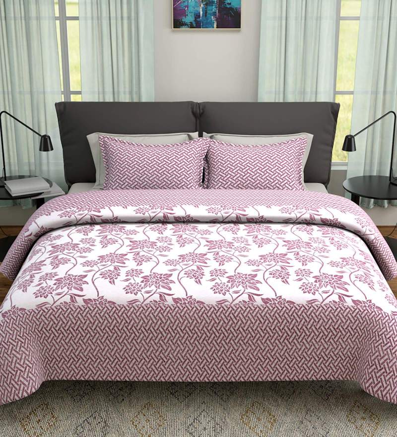 Buy Pink Floral 180 TC Poly Cotton Double Bed Cover with 2 Pillow