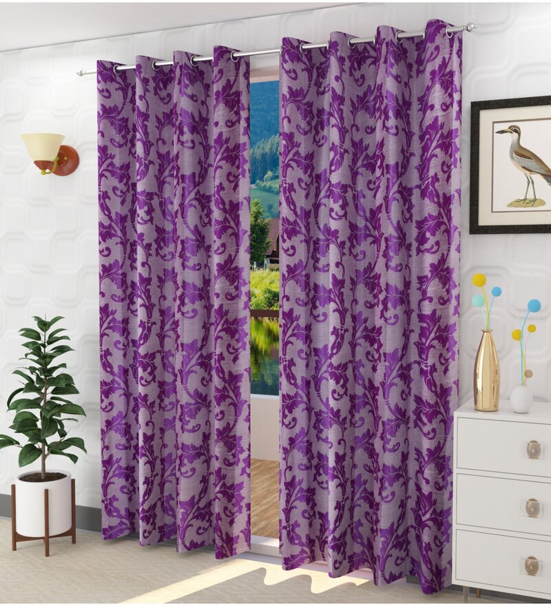 Buy Purple Polycotton Semisheer 7 Feet Eyelet Curtain (Set of 2) by