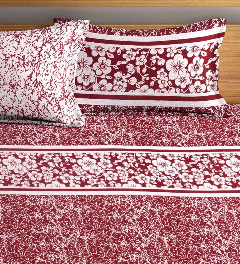 Buy Maroon Floral 400 TC Poly Cotton 1 Double Bedsheet with 2 Pillow