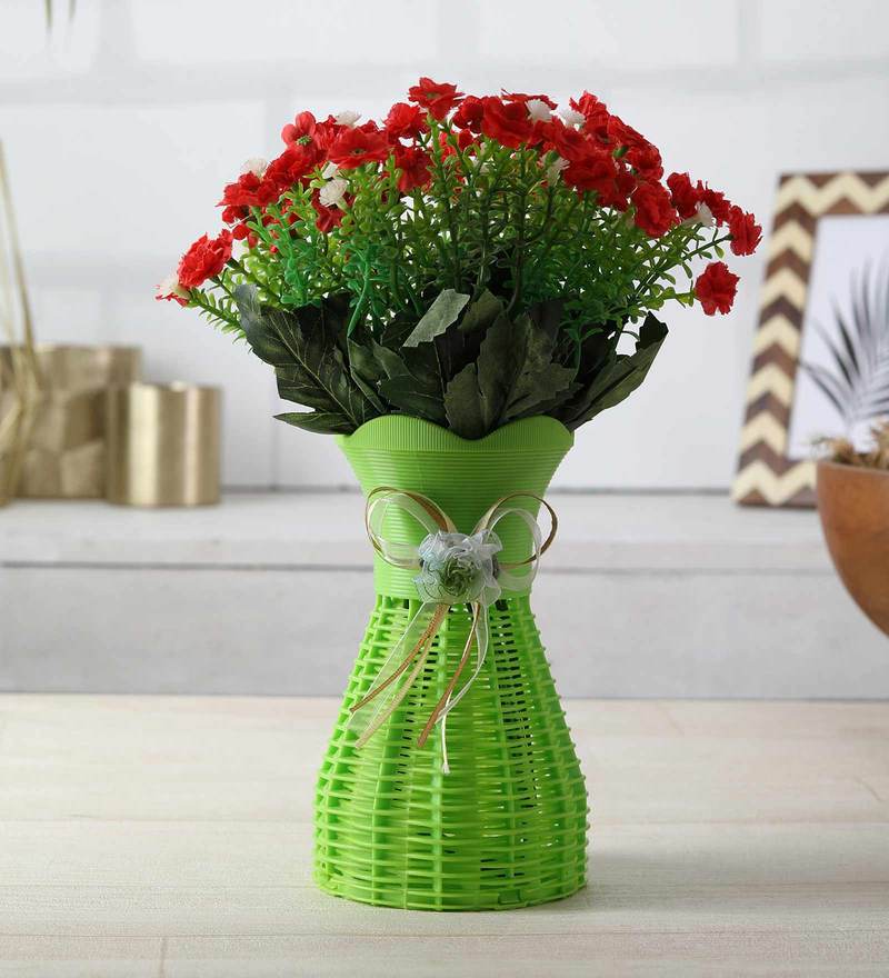 Buy Red Flower Plastic Artificial Bunch With Vase By Foliyaj