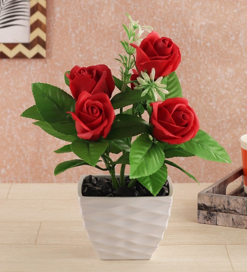 Buy Polyester Artificial Red Rose Plant With Melamine Pot By