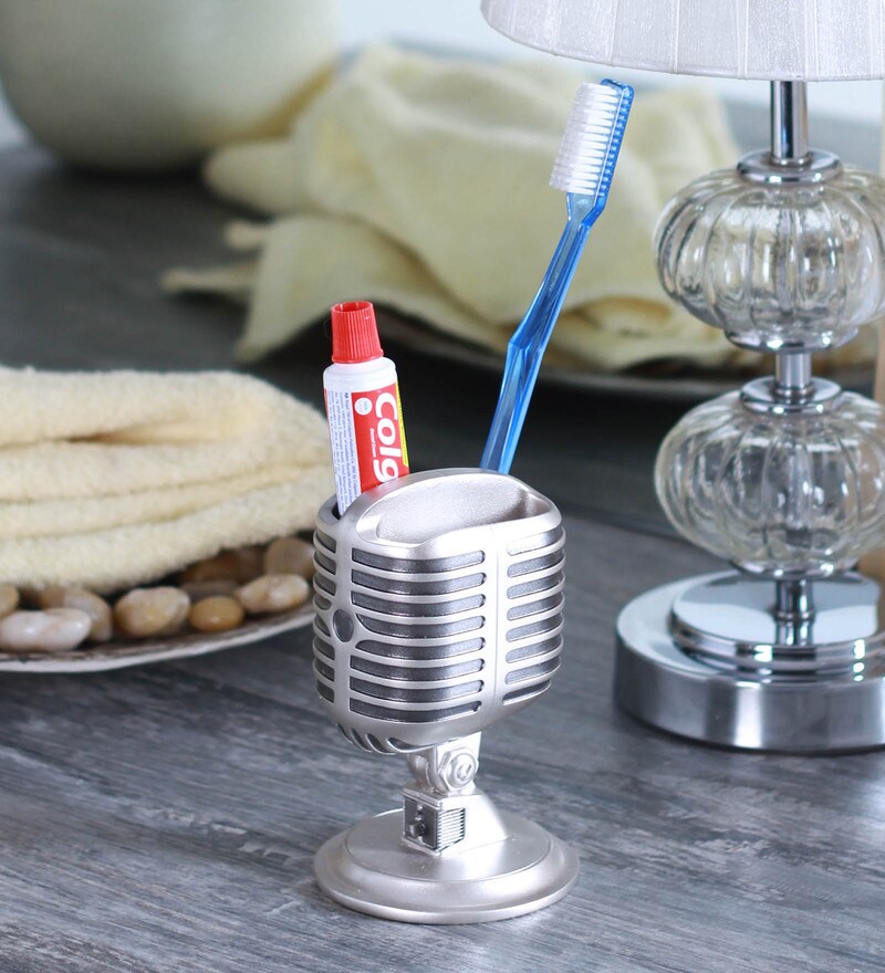 Buy Polyresin Silver Counter Top Toothbrush Holder by Shresmo Online