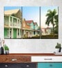 Green Blue Caribbean Tropical Houses Painting Wall Art Panels ( Set Of 3)