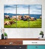 Green Blue Cow Gathering Painting Wall Art Panels ( Set Of 3)