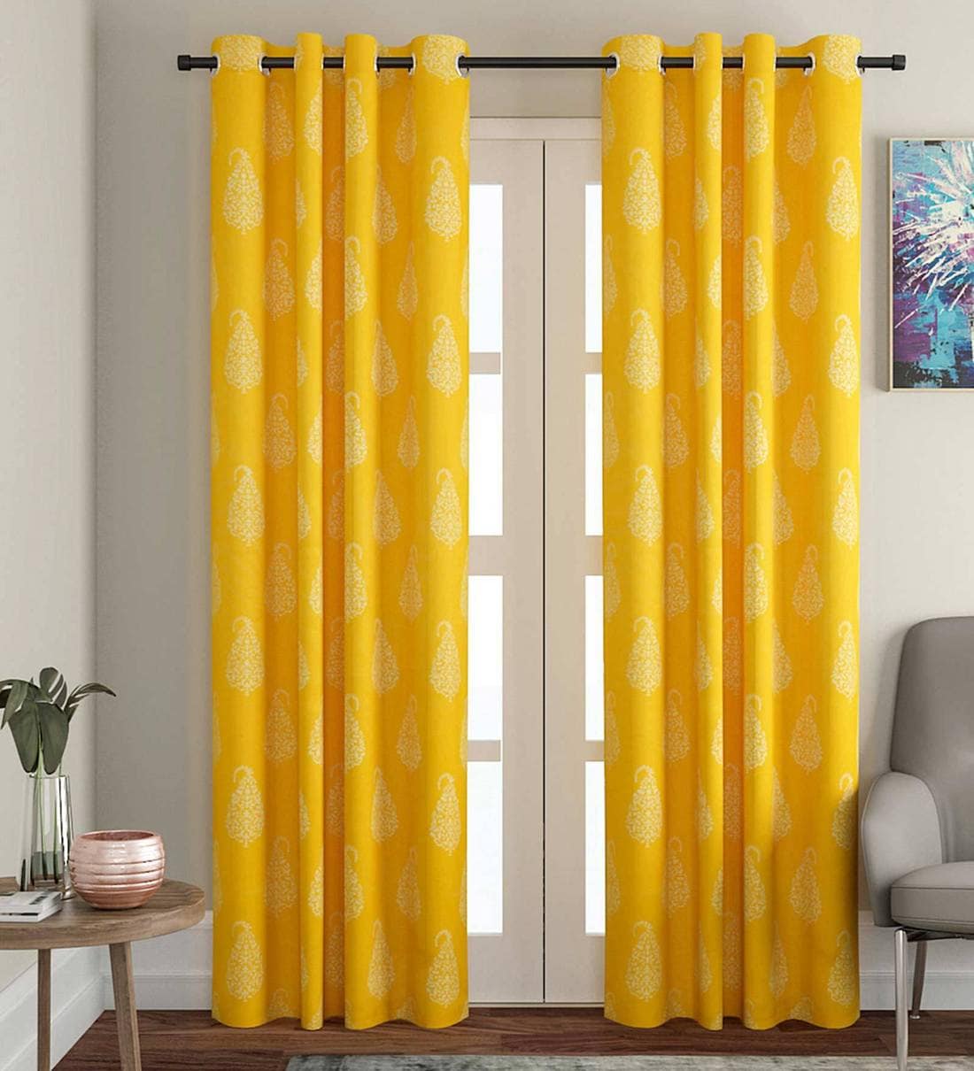 Yellow - Jacquard Weave Cotton Door Curtain (7 x 3 Feet) (single piece)