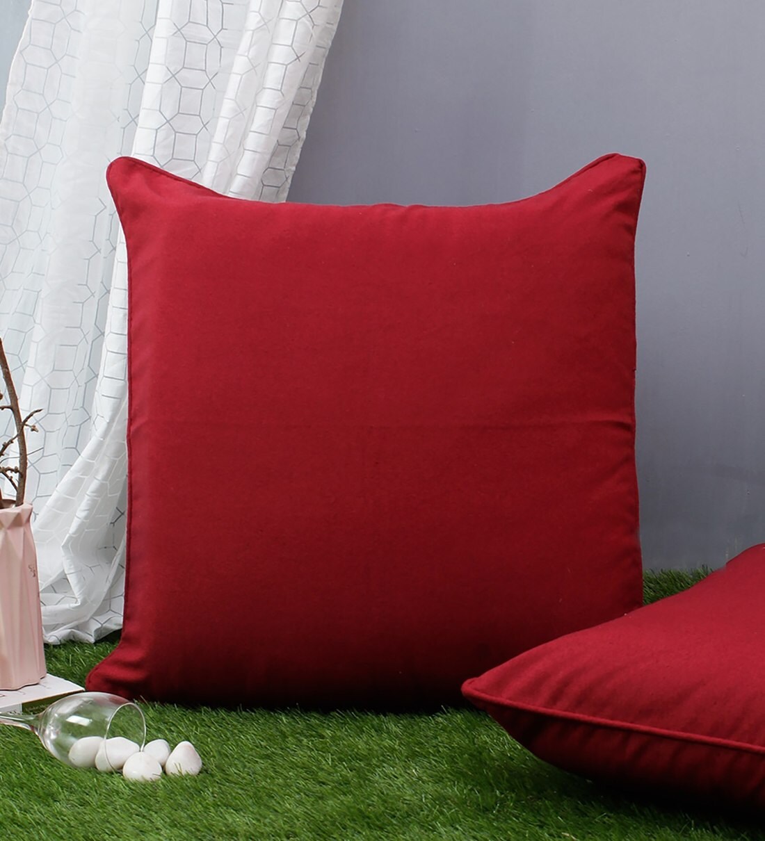 Buy Plain Solid Cotton Red 24x24 Inch Cushion Covers (Set Of 2) By
