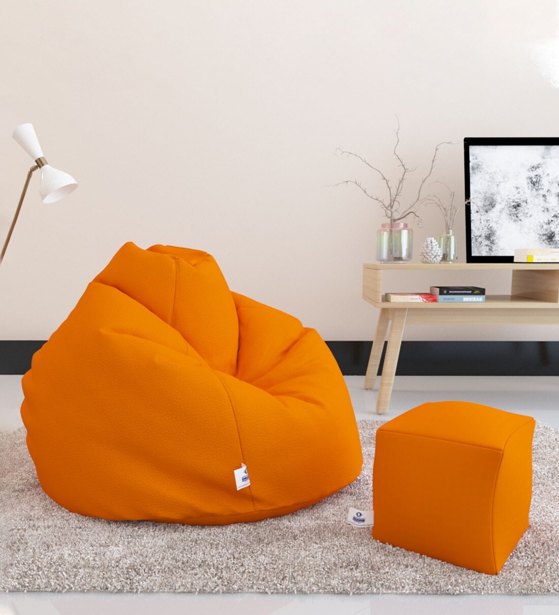 Buy Premium XXXL Size Bean Bag & Foot Stool with Beans in Orange Colour