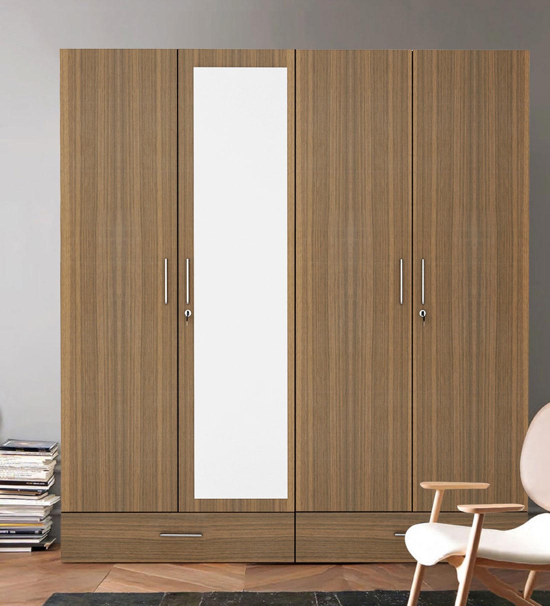 Buy Prospero 4 Door Wardrobe with Mirror in Classic Walnut Finish by