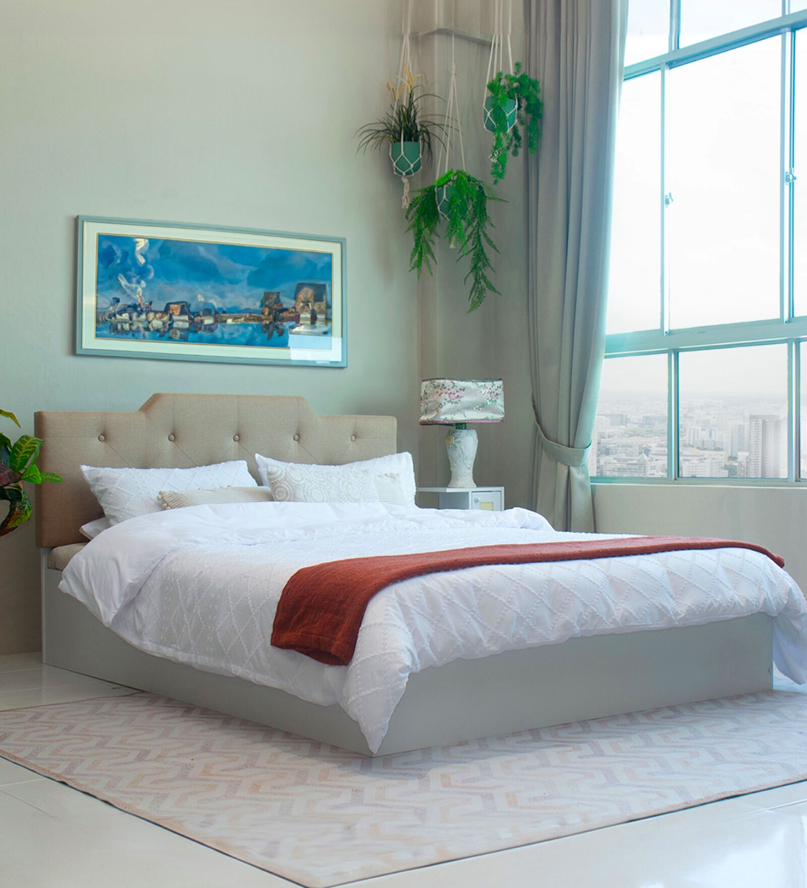 Prajna  Queen Size Upholstered Bed In Beige Colour & White Colour With Box Storage