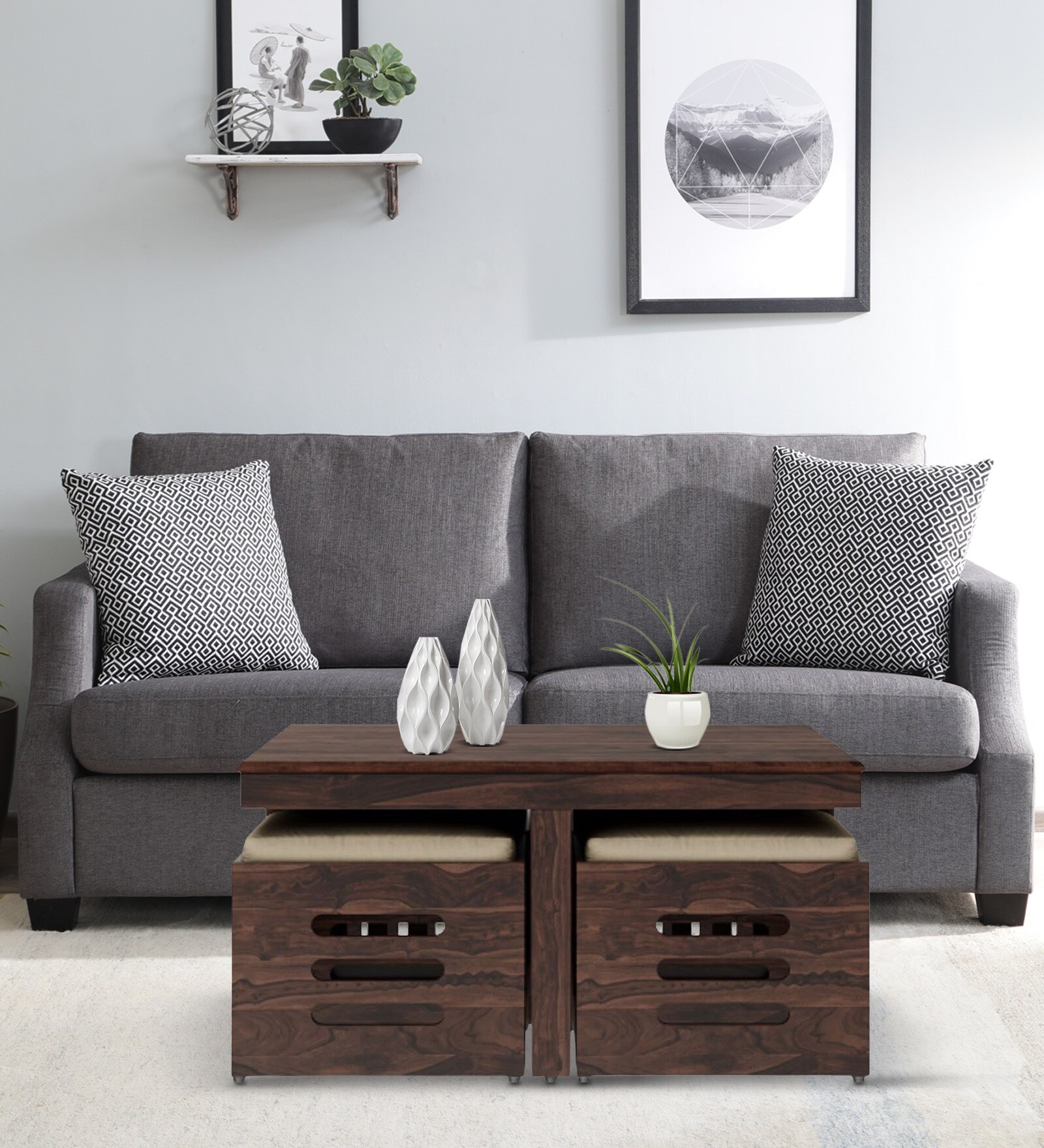 Praline Sheesham Wood Coffee Table Set In Natural Teak Colour