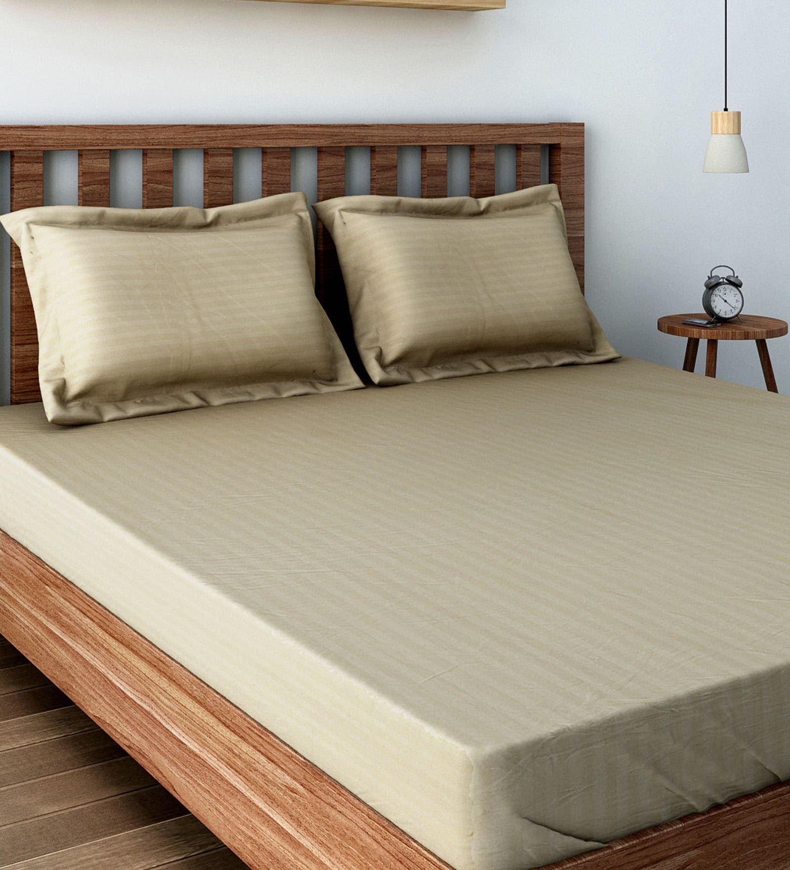 Beige Solid 300 TC Cotton Blend Queen Sized Bed Sheets with 2 Pillow Covers