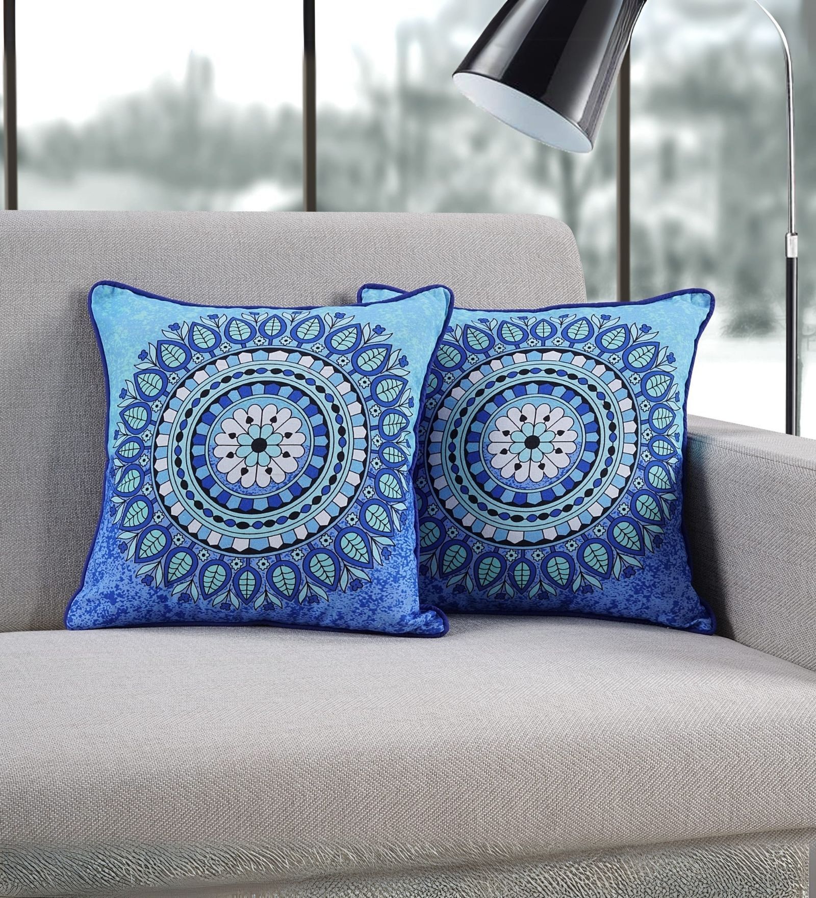 Premium 100% Cotton Blue Mandala Design Cushion Covers   Set of 2 (16 x 16 Inches)   Soft & Durable