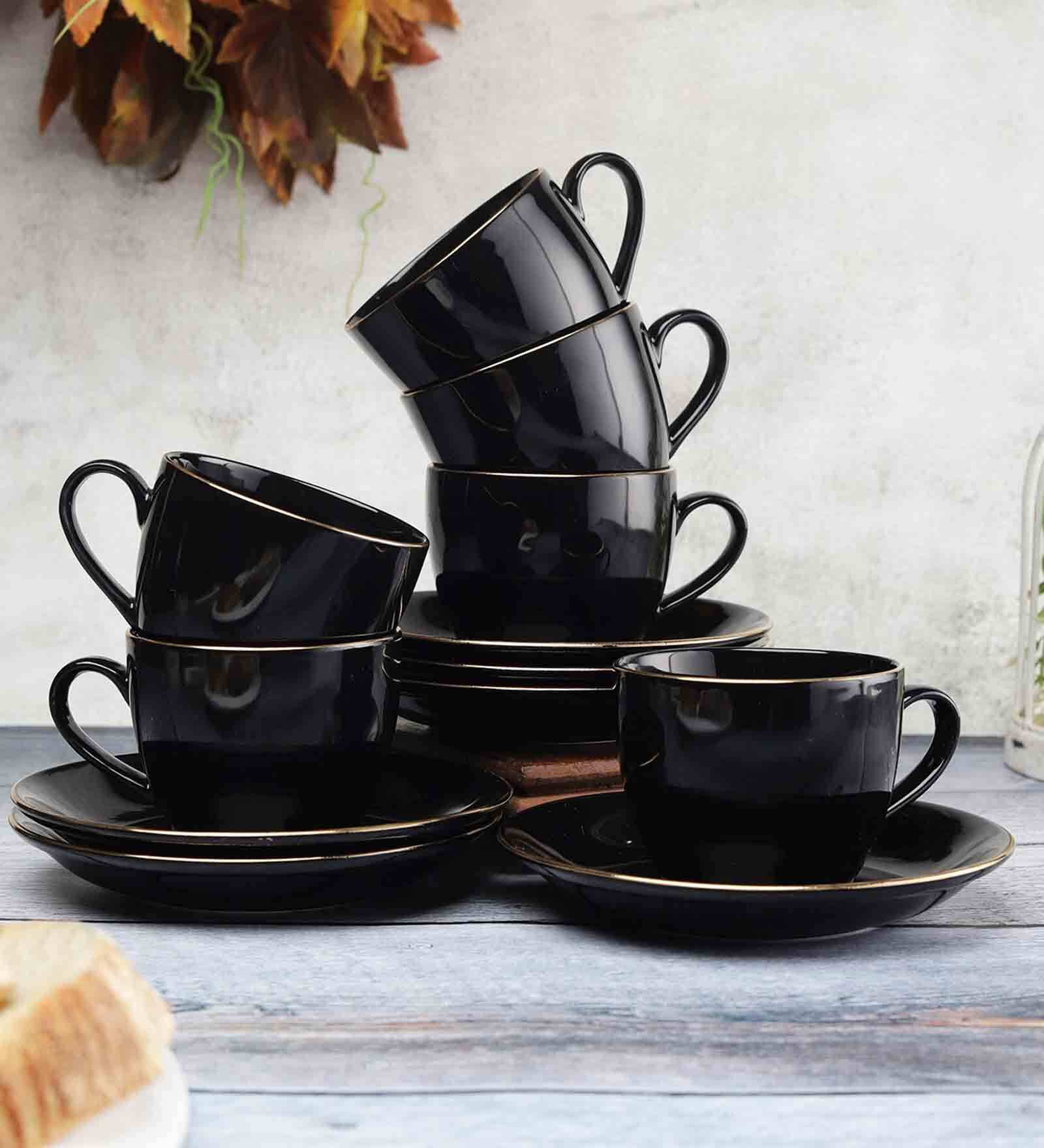 Premium 180ml Black Ceramic (Set of 12) Tea Cup & Saucer Set