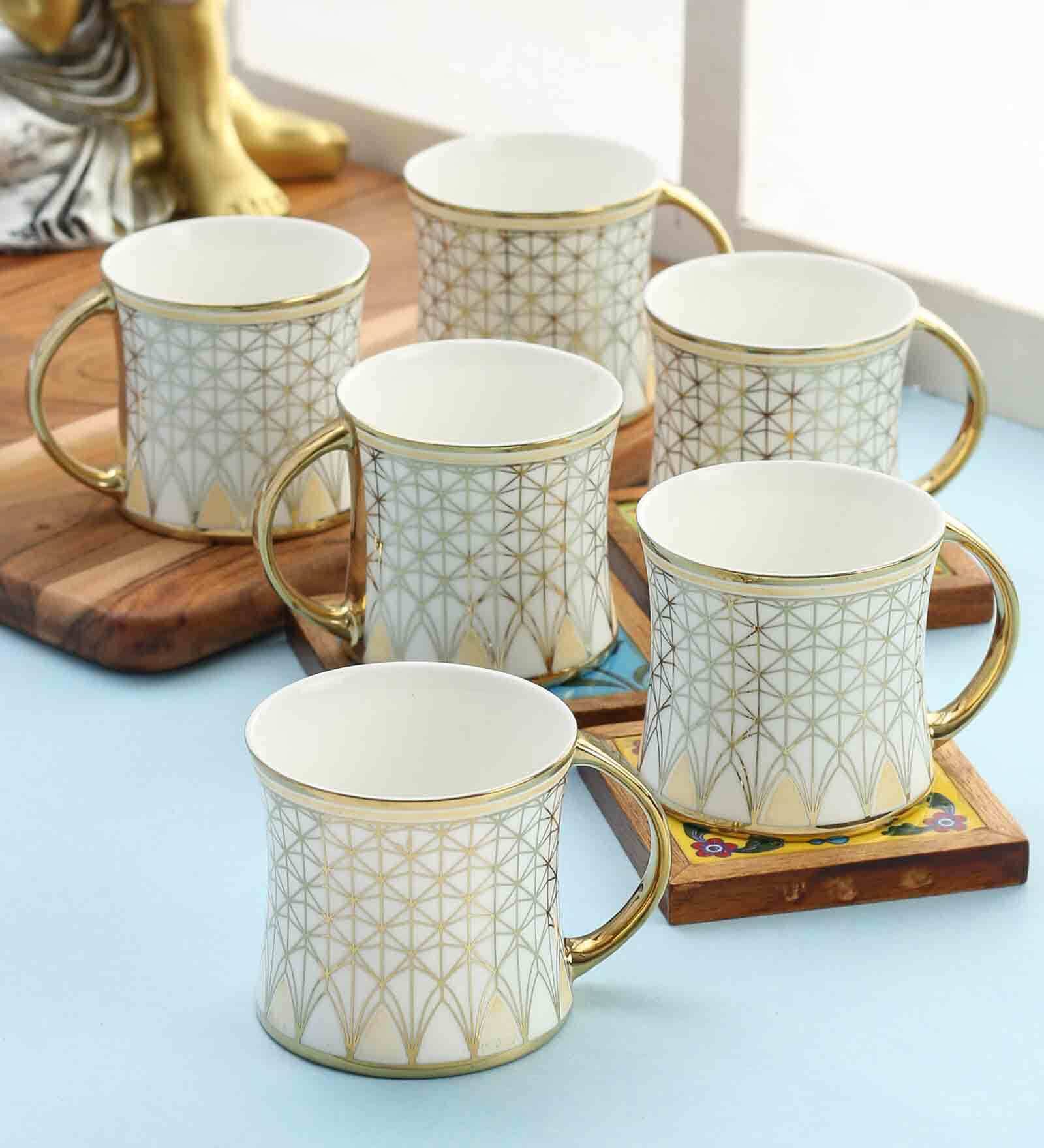 Premium 180ml White & Gold Ceramic (Set of 6) Tea Cups