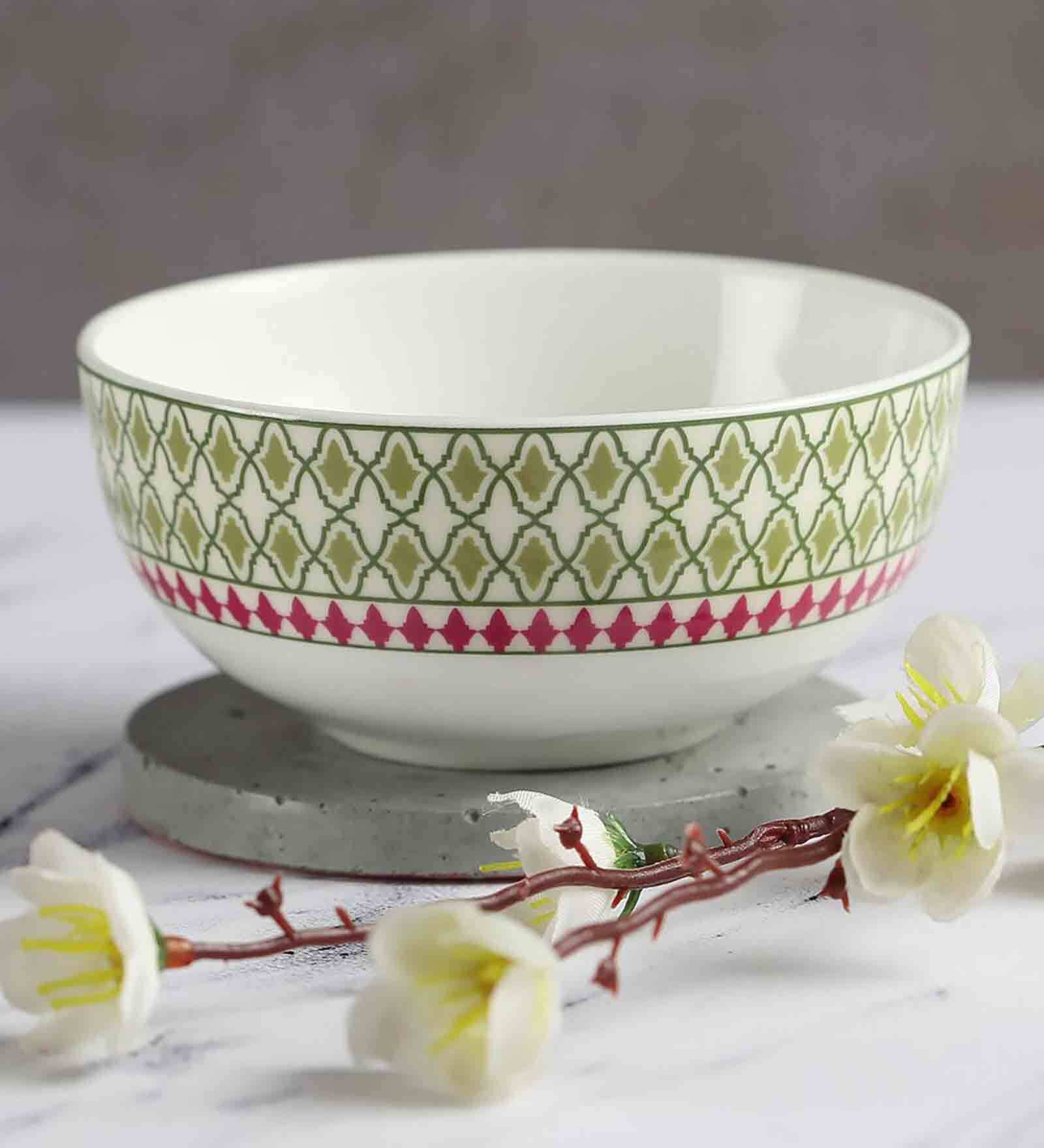 Premium 240ml White & Green Ceramic (Set of 6) Dinner Bowl