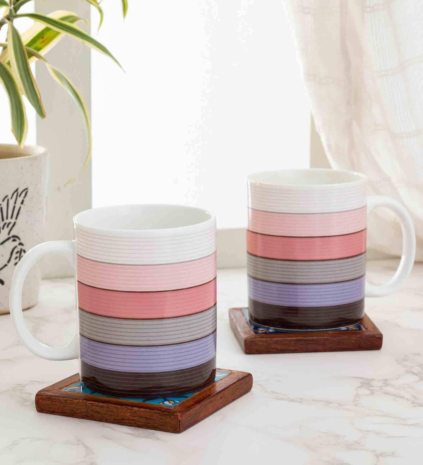 Buy Premium Stripped 320ml Multicolour Ceramic (Set of 2) Coffee Mug at