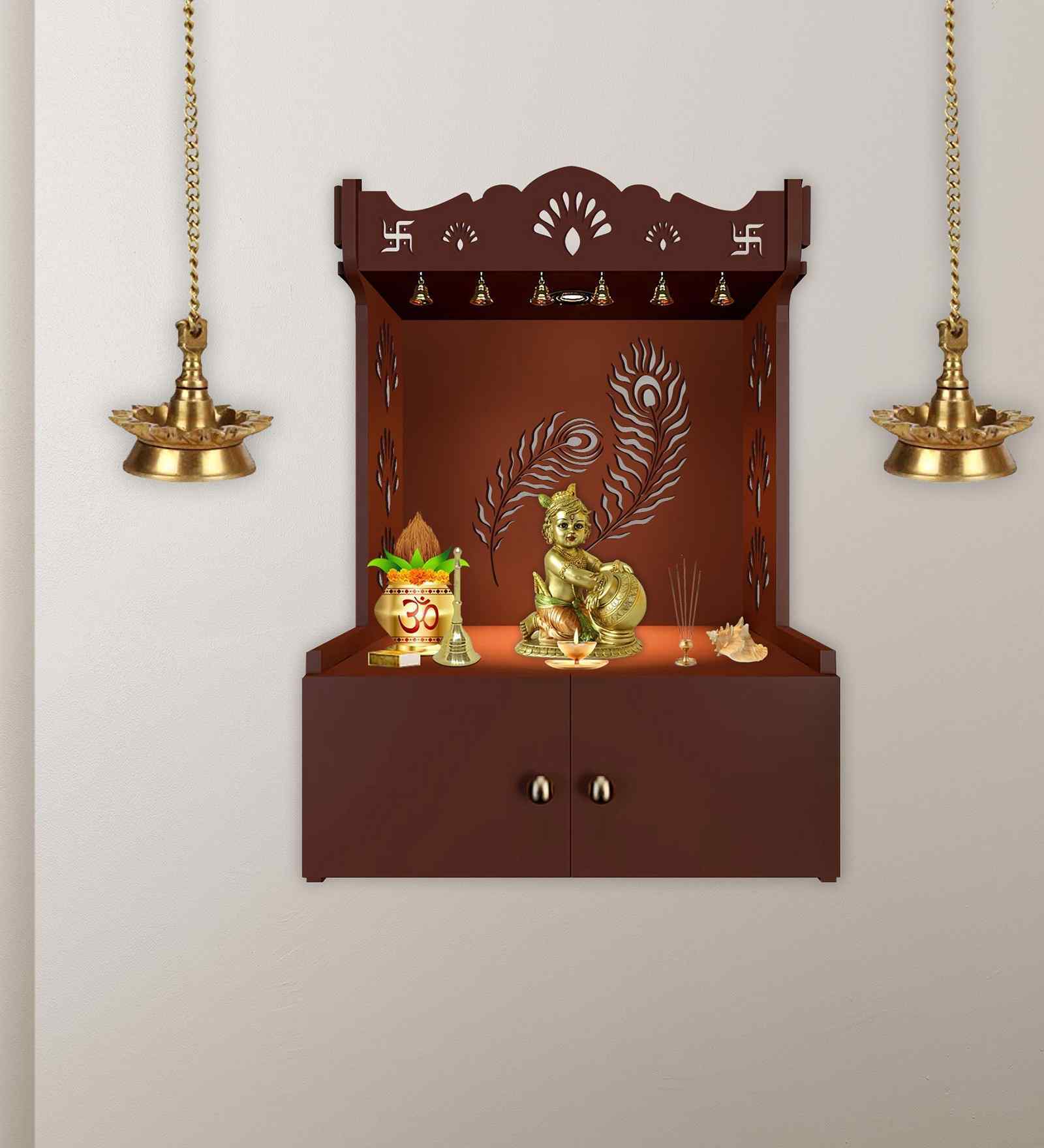 Premium Art of Mor Pankh Brown Wooden Temple for Home with Inbuilt Focus Light & Spacious Shelf
